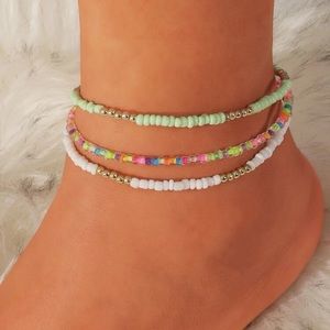 NWT ~ 3 Piece Multi-colored Beaded Adjustable Anklet Set